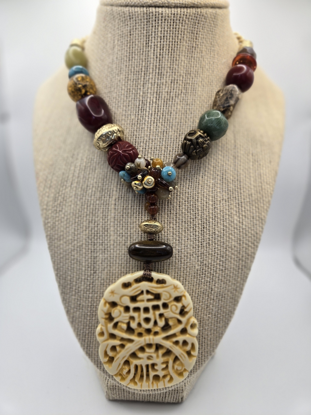 Chico's Asian Inspired  Multicolor Carved Pendant Statement Necklace